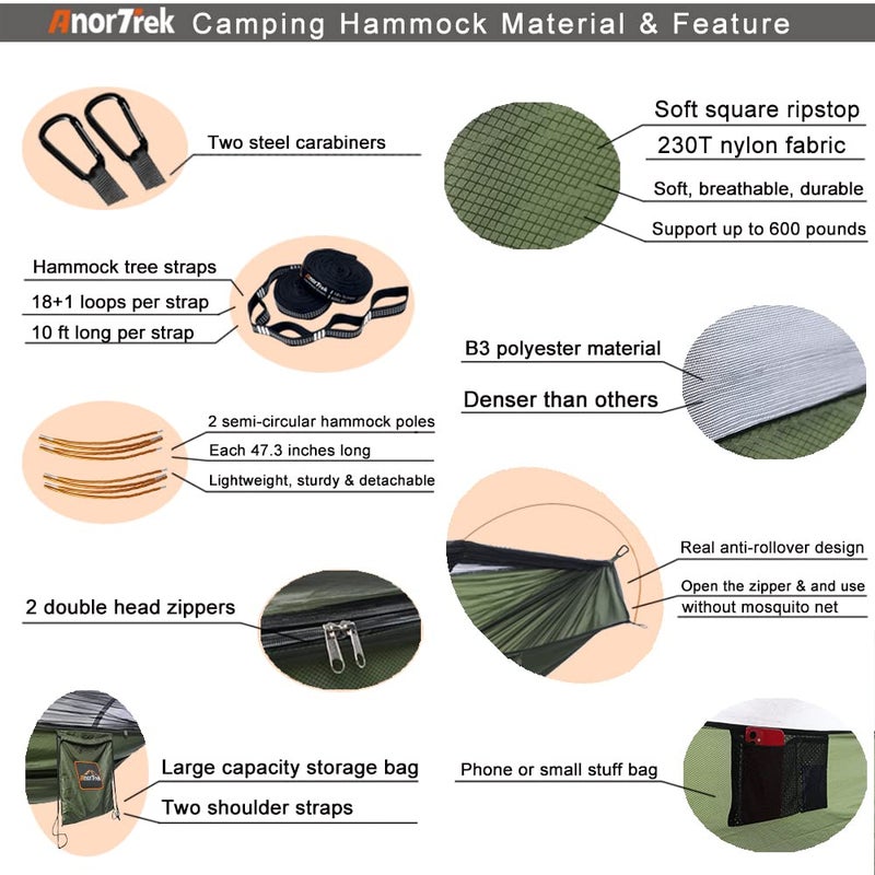 AnorTrek Camping Hammock with Mosquito Net and Rain Fly Tarp  Portable Double Hammock with Two Tree Straps  230T Nylon Hammock and Waterproof Rain Fly Set for Hiking  Backpacking  Overnight (Green) - Image 4